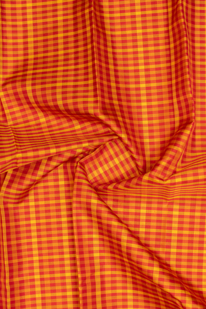 Red and mustard checks pure zari Kanchipuram silk saree