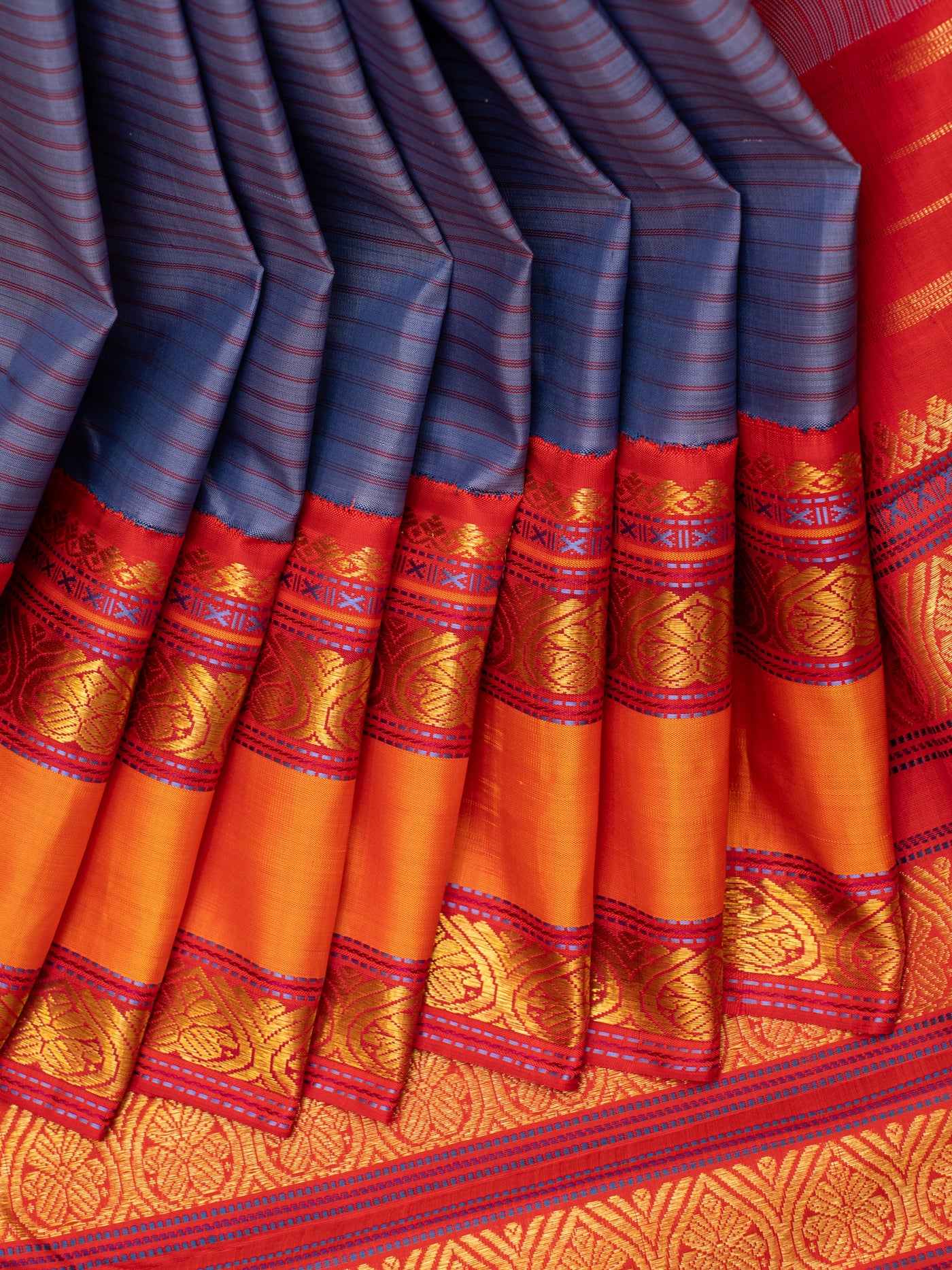 Violet blue and red rettai pettu pure Kanchipuram silk saree