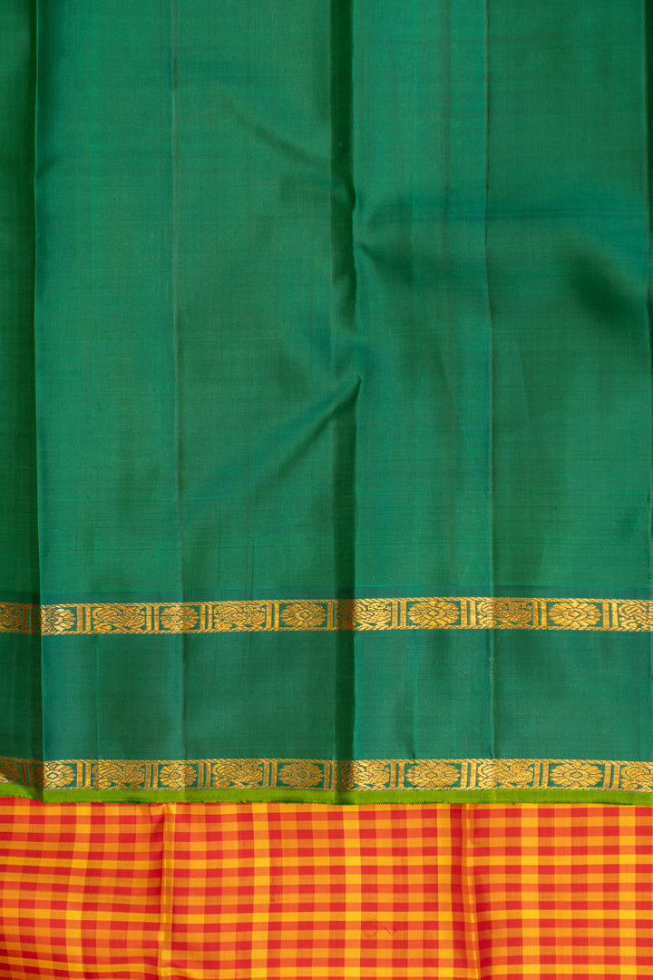 Red and mustard checks pure zari Kanchipuram silk saree