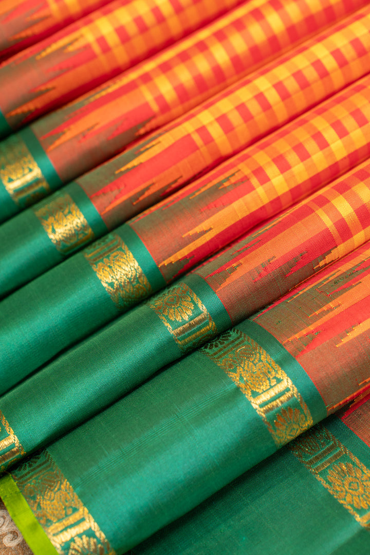 Red and mustard checks pure zari Kanchipuram silk saree