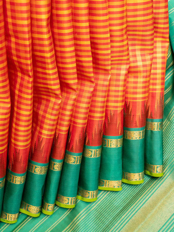 Red and mustard checks pure zari Kanchipuram silk saree