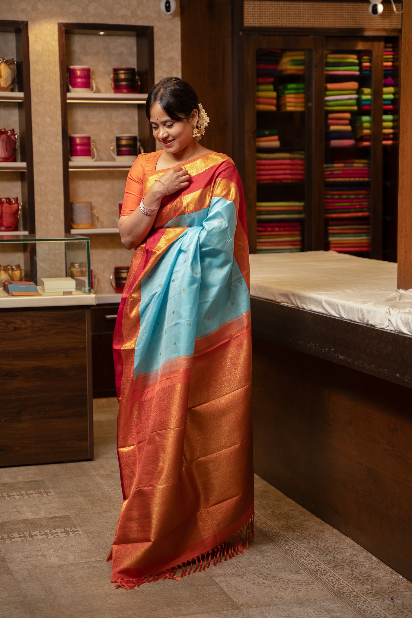 Sky Blue Orange Rettai Pettu Pure Kanchipuram Silk Saree - Clio Silks