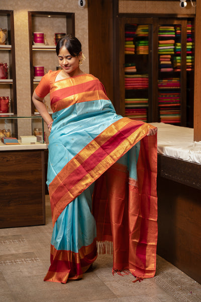 Sky Blue Orange Rettai Pettu Pure Kanchipuram Silk Saree - Clio Silks