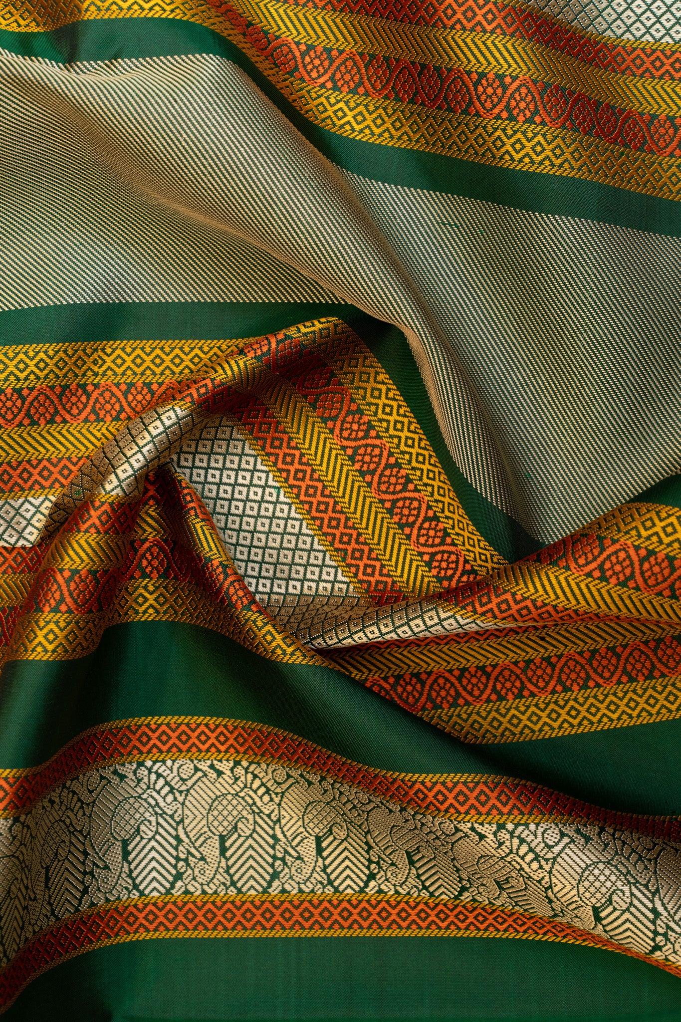 Off white and green without zari pure Kanchipuram silk saree