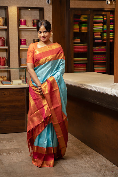 Sky Blue Orange Rettai Pettu Pure Kanchipuram Silk Saree - Clio Silks