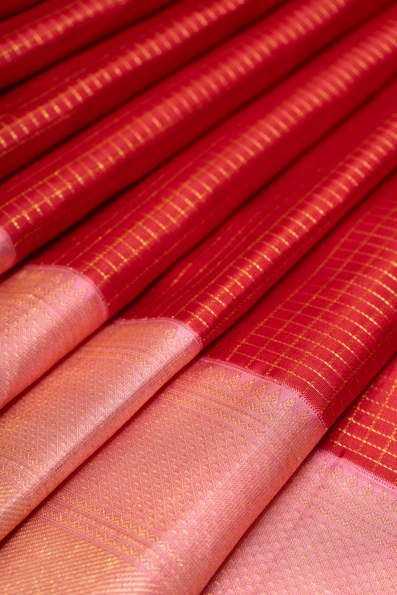 Red Checks and Pink Pure Kanchipuram Silk Saree - Clio Silks