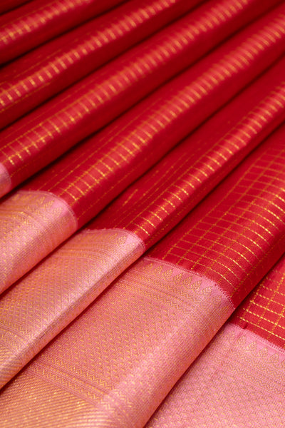 Red Checks and Pink Pure Kanchipuram Silk Saree - Clio Silks