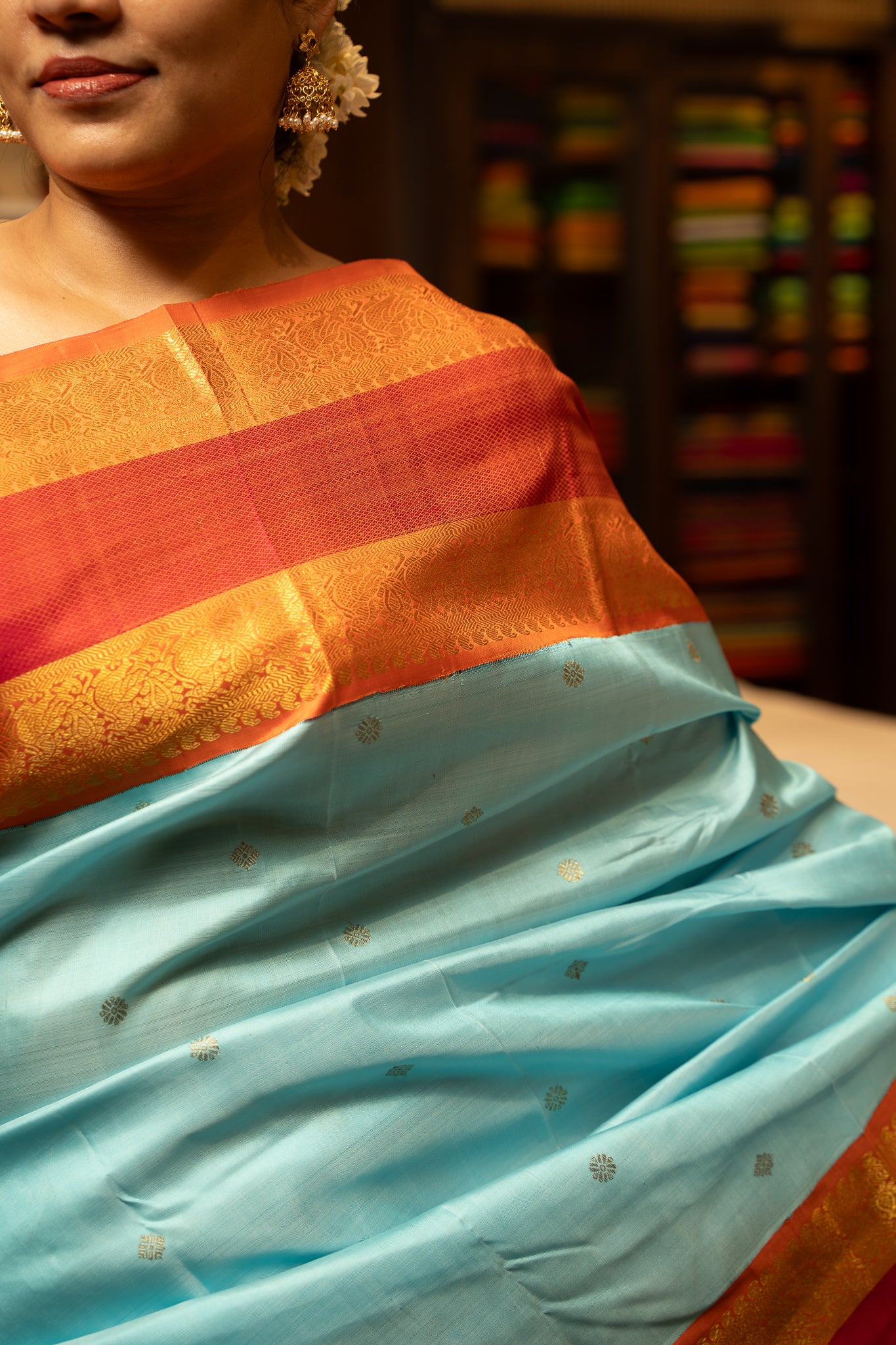 Sky Blue Orange Rettai Pettu Pure Kanchipuram Silk Saree - Clio Silks