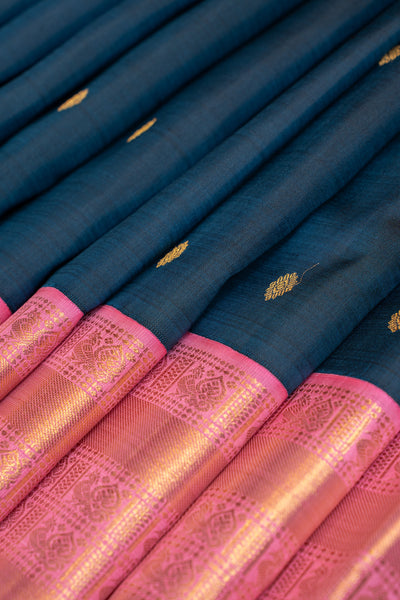 Prussian blue and pink pure Kanchipuram silk saree