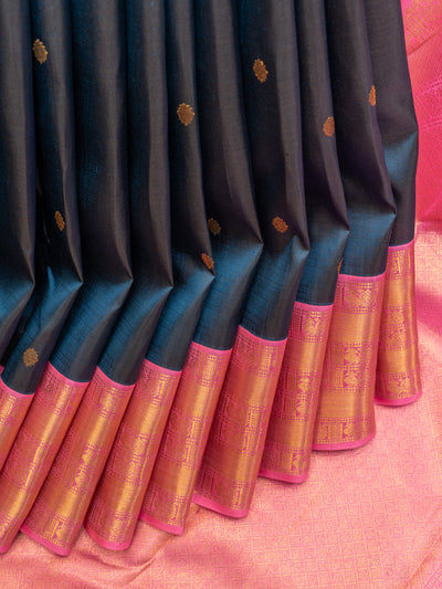 Prussian blue and pink pure Kanchipuram silk saree