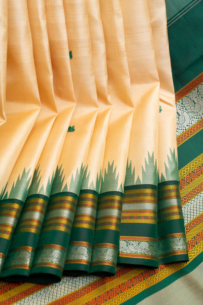 Off white and green without zari pure Kanchipuram silk saree