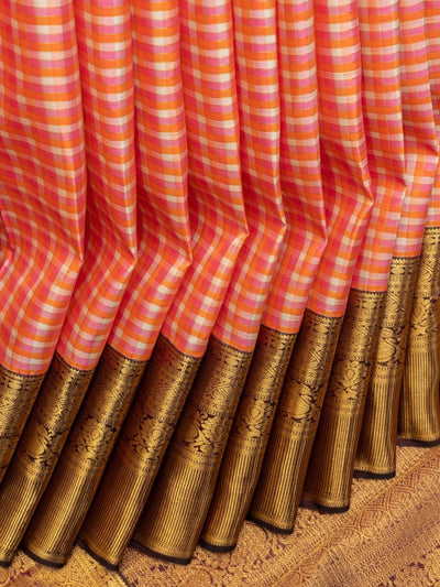 Pink and orange checks pure zari Kanchipuram silk saree