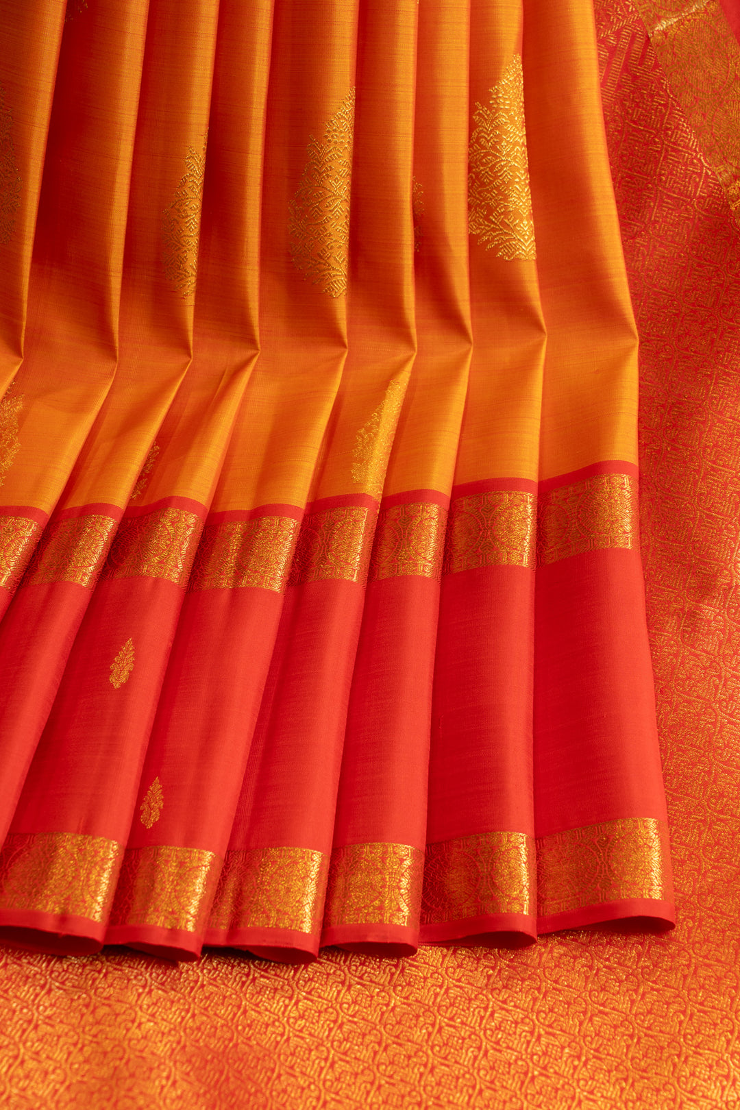 Mango yellow and red rettai pettu pure Kanchipuram silk saree