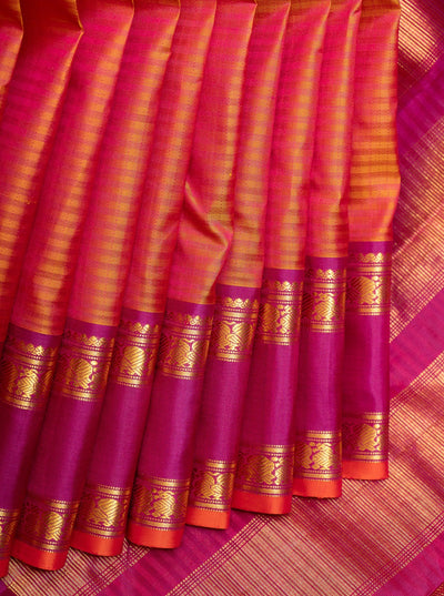 Rust Orange and Magenta Stripes Pure Kanjivaram Silk Sari - Clio Silks