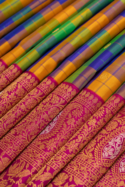 Blue and orange pure zari palum pazhamum checks Kanchipuram silk saree