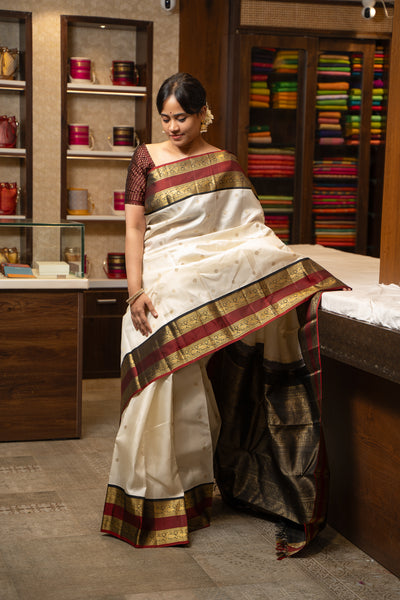 Pearl White Pure Zari Kanchipuram Silk Saree - Clio Silks