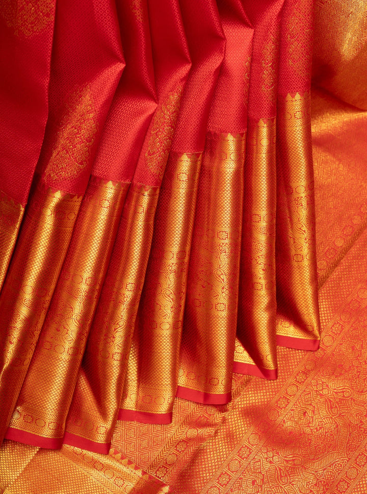 Red and Gold Pure Kanchipuram Silk Saree - Clio Silks
