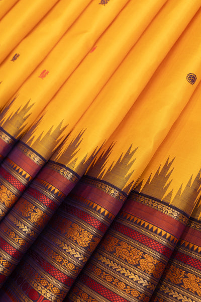 Close-up of Yellow Thread Motifs Without Zari on Pure Kanchipuram Silk Saree