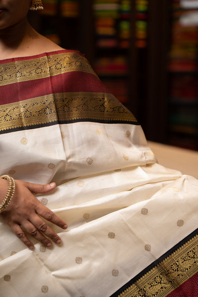 Pearl White Pure Zari Kanchipuram Silk Saree - Clio Silks