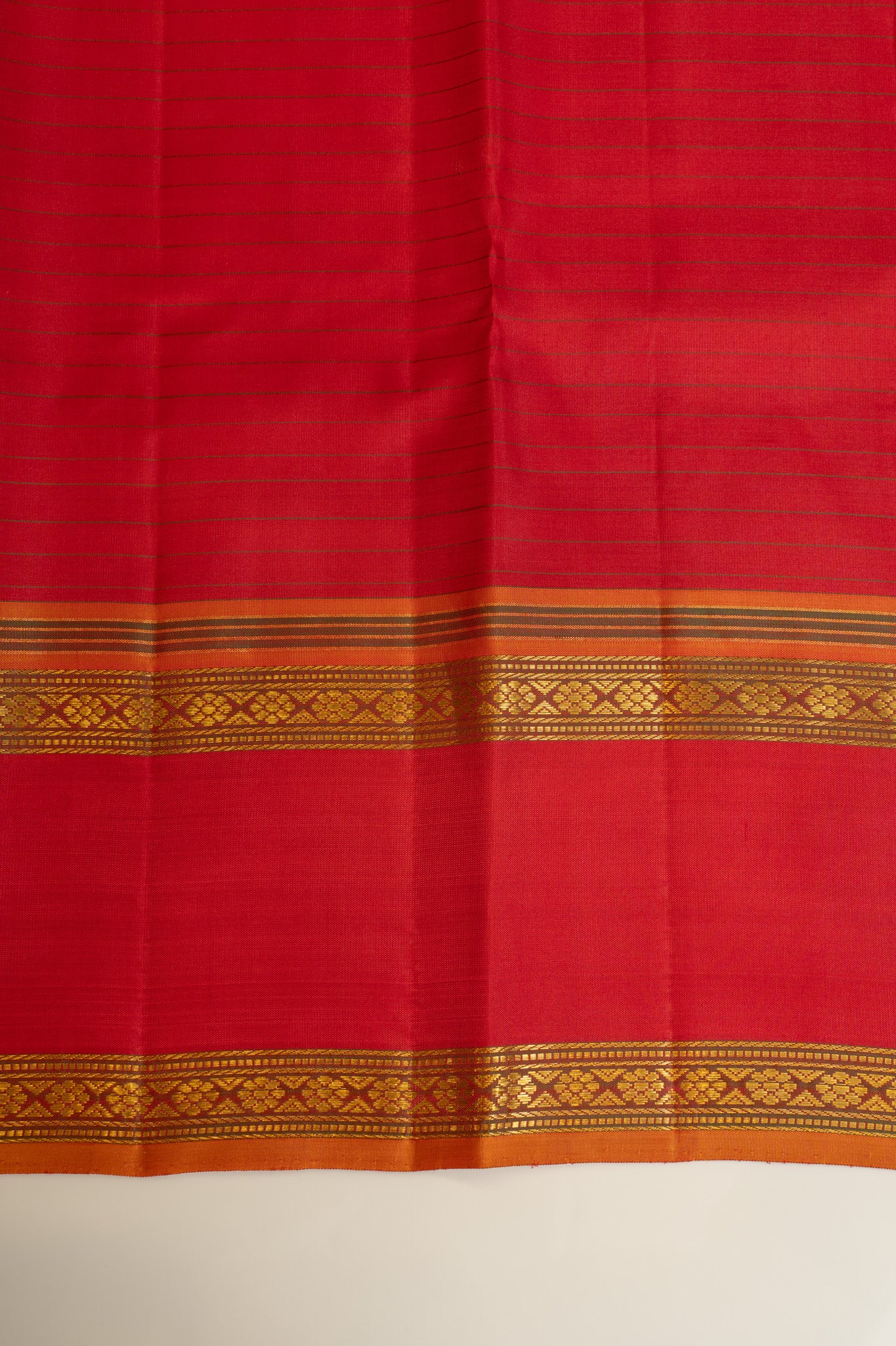 Red and mustard stripes pure Kanchipuram silk saree