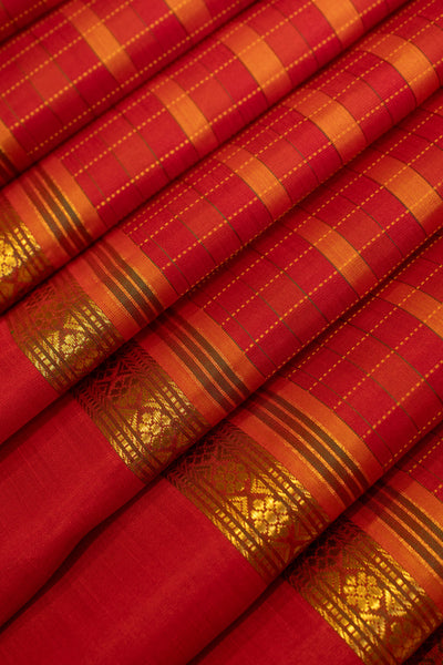 Red and mustard stripes pure Kanchipuram silk saree