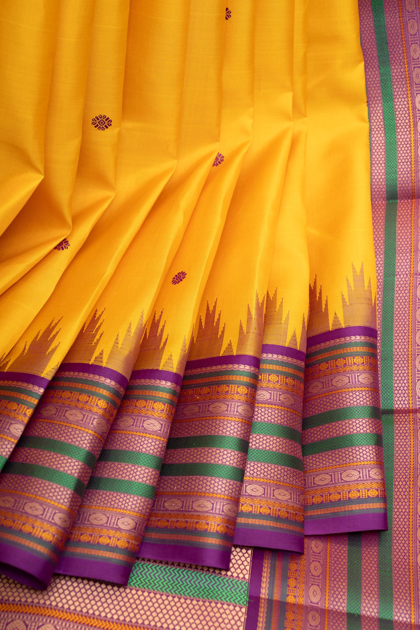 Yellow and purple without zari pure Kanchipuram silk saree