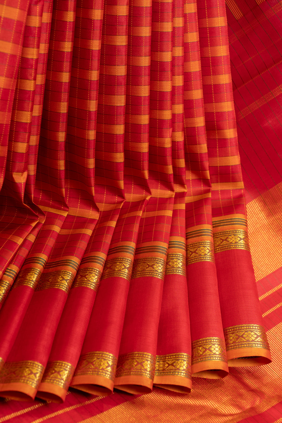 Red and mustard stripes pure Kanchipuram silk saree