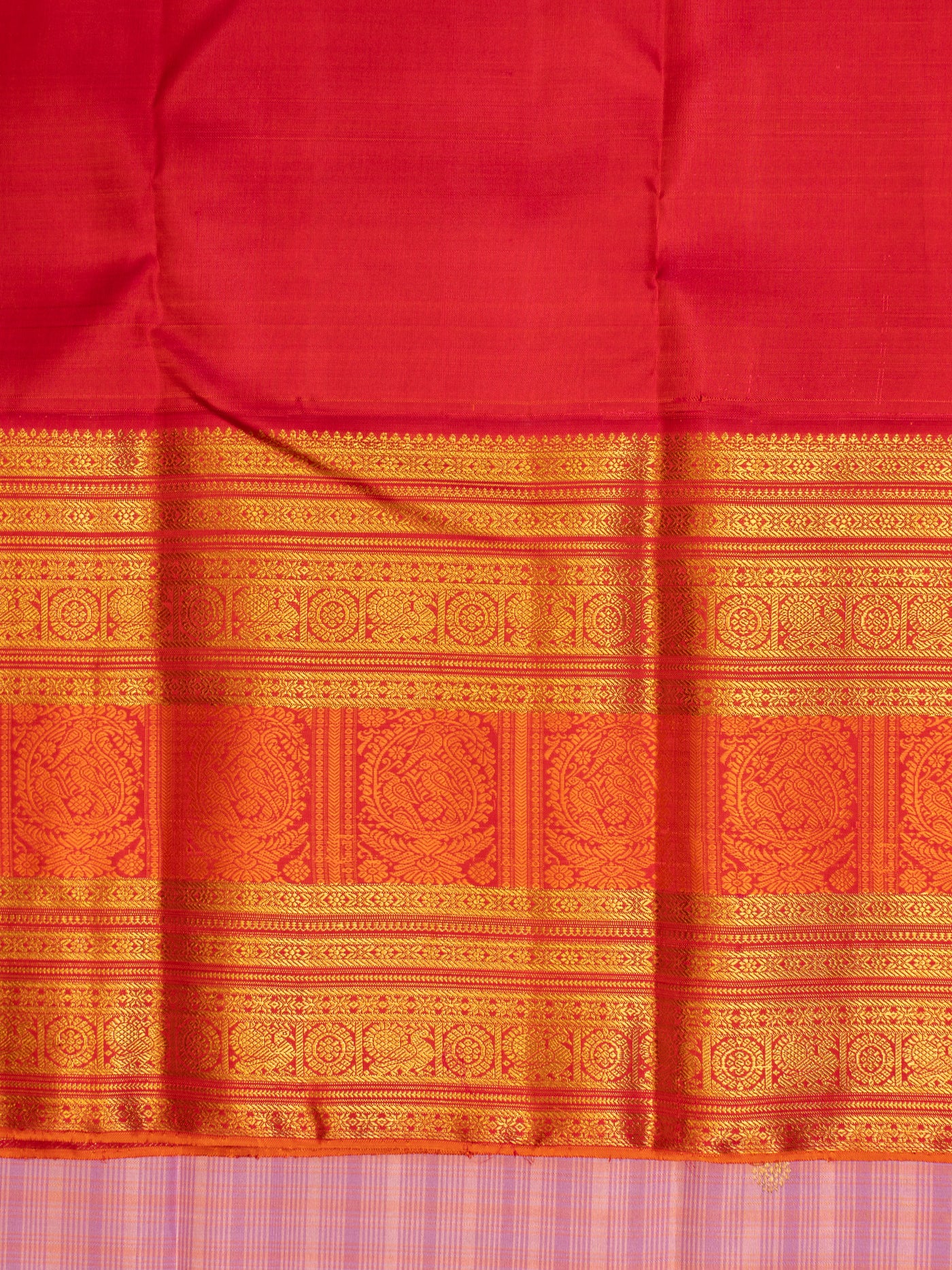 Lilac and red multi checks pure zari kanjivaram silk saree