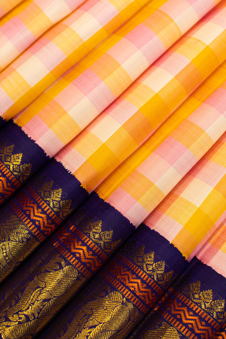 Pink and indigo blue multi checks pure Kanchipuram silk saree