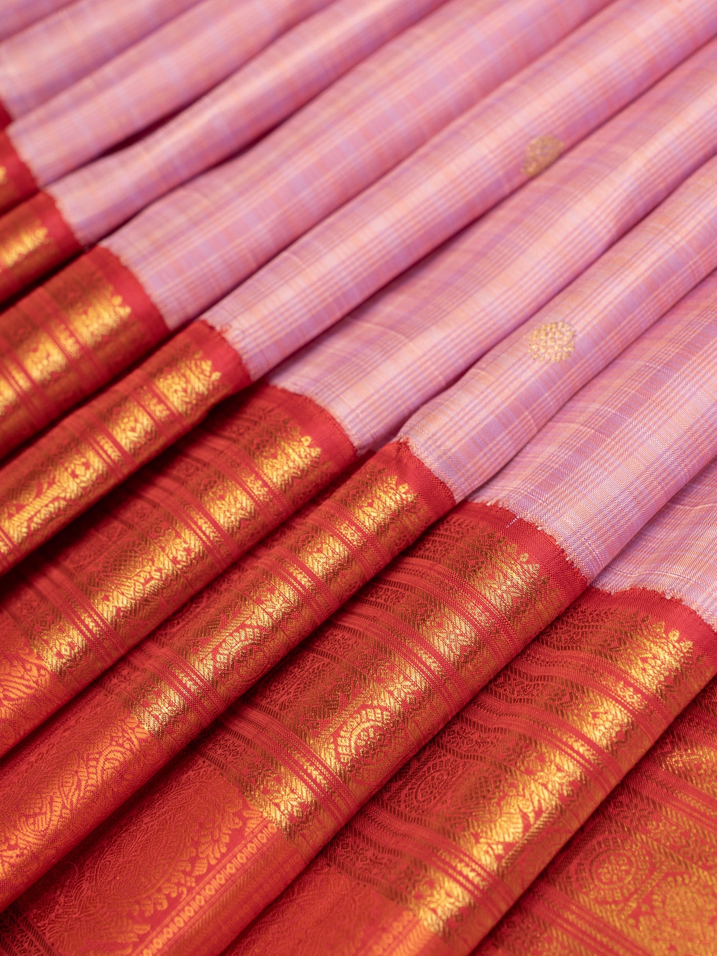 Lilac and red multi checks pure zari kanjivaram silk saree