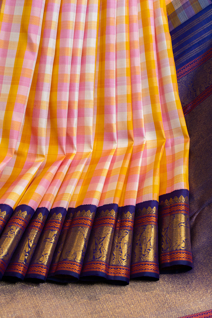 Pink and indigo blue multi checks pure Kanchipuram silk saree