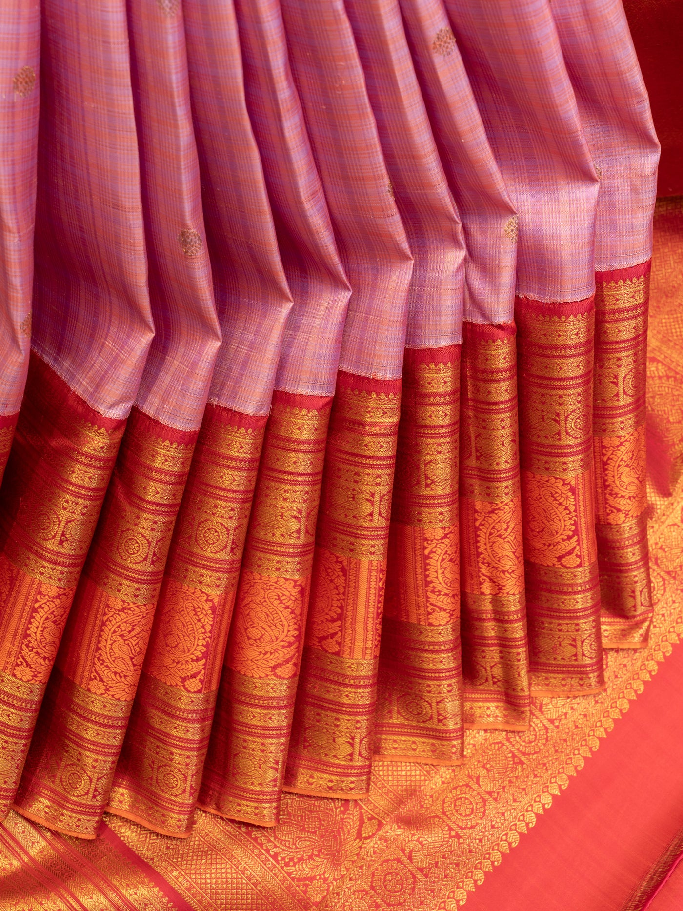 Lilac and red multi checks pure zari kanjivaram silk saree