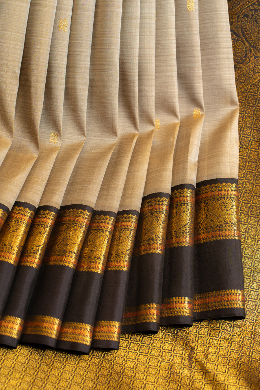 Burberry checks Kanchipuram silk saree in beige and black main image 0