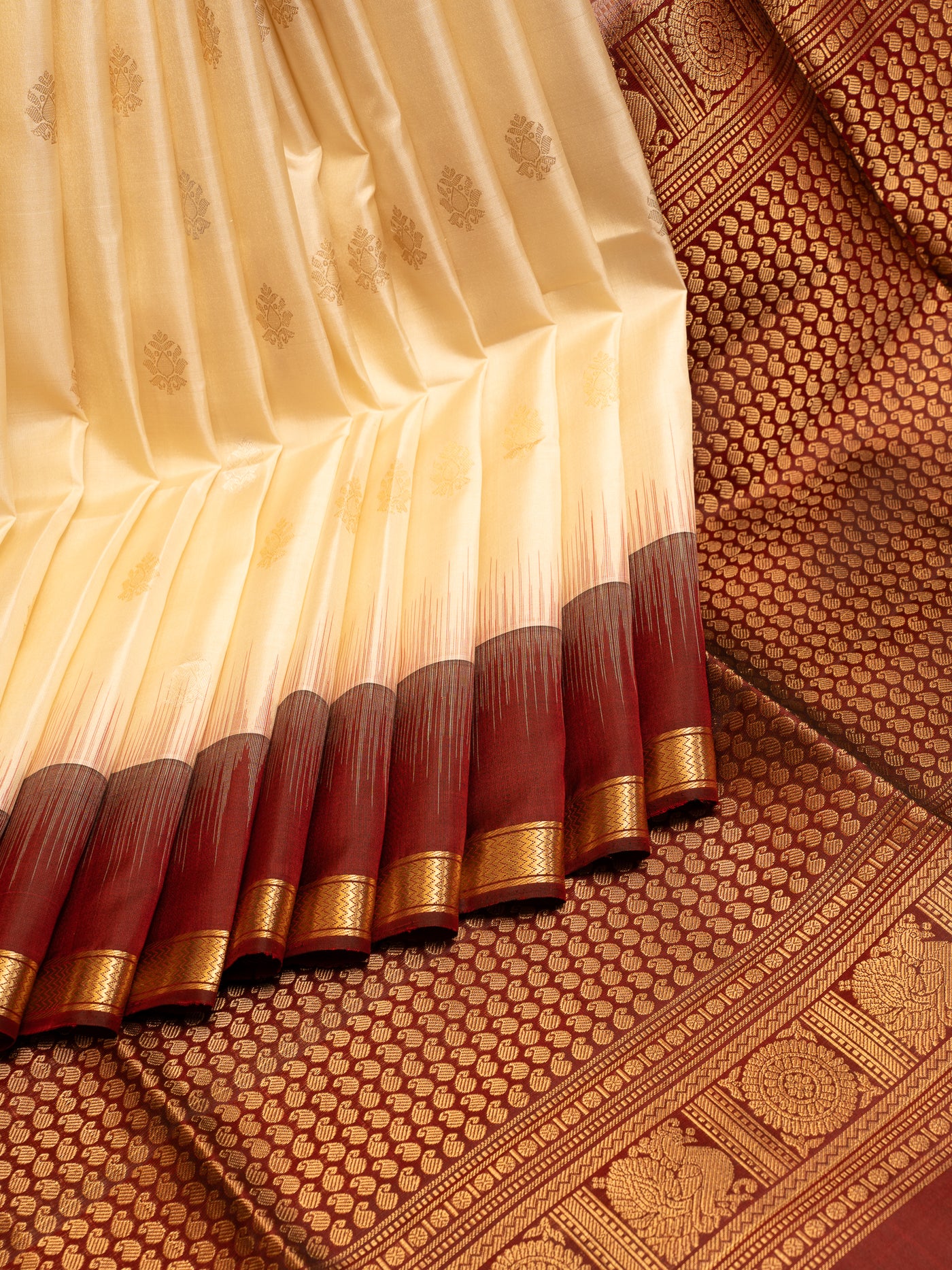 Cream Butties and Maroon Soft Silk Saree | Clio Silks