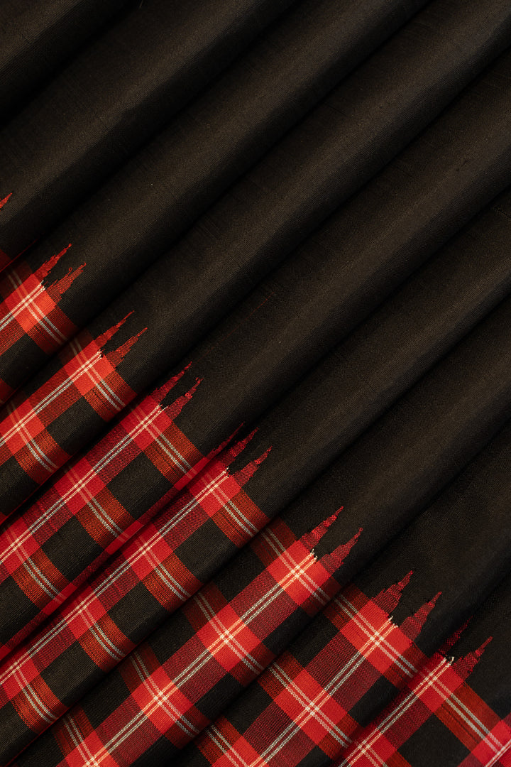 Black and red without zari checks pure Kanchipuram silk saree