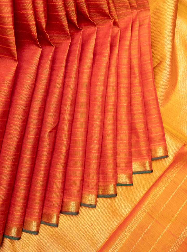 Rust Orange Neli Stripes Pure Zari Kanchipuram Silk Saree - Clio Silks