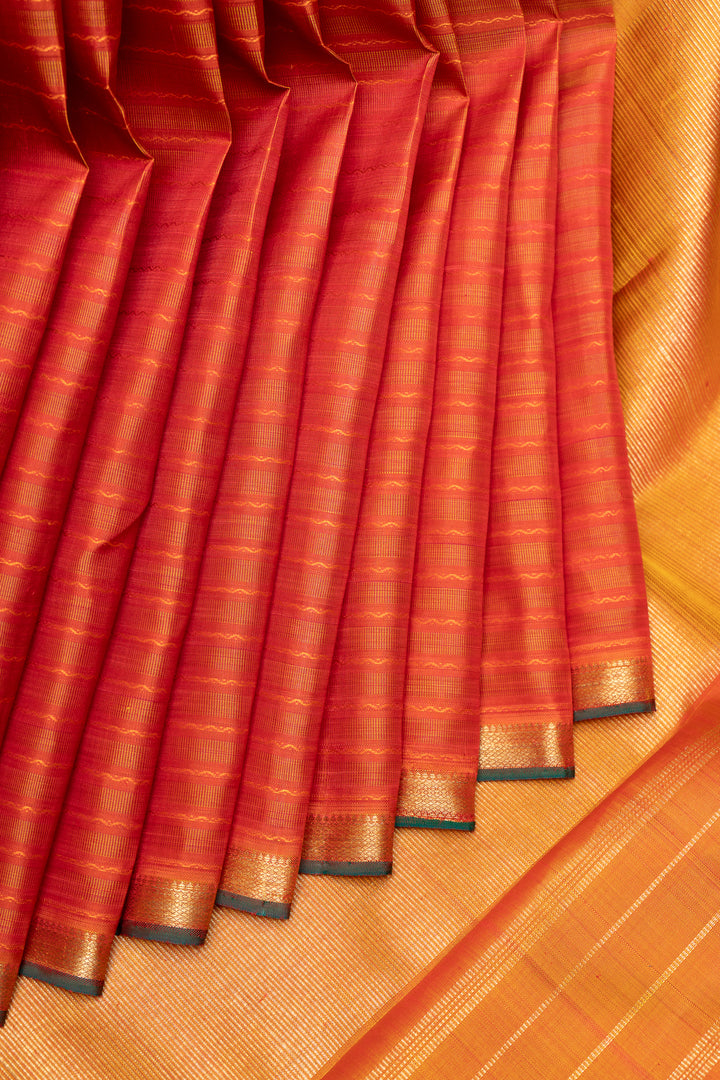 Rust Orange Neli Stripes Pure Zari Kanchipuram Silk Saree - Clio Silks