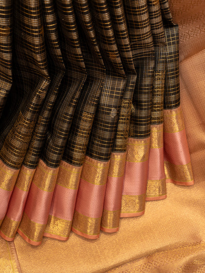 Black and pink pure zari rettai pettu kanjivaram silk saree