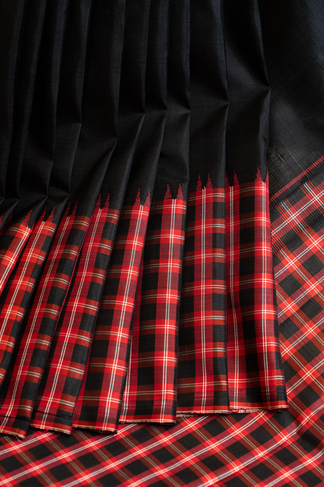 Black and red without zari checks pure Kanchipuram silk saree