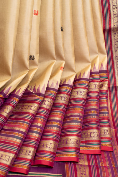 Beige and purple Varisaipettu without zari pure Kanchipuram silk saree