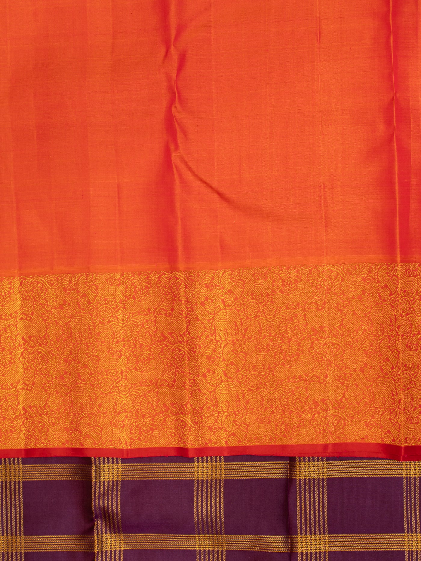 Purple and orange zari checks pure Kanchipuram silk saree