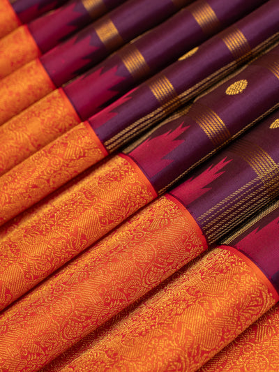 Purple and orange zari checks pure Kanchipuram silk saree