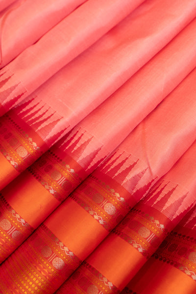 Bluish pink and orange without zari pure Kanchipuram silk saree