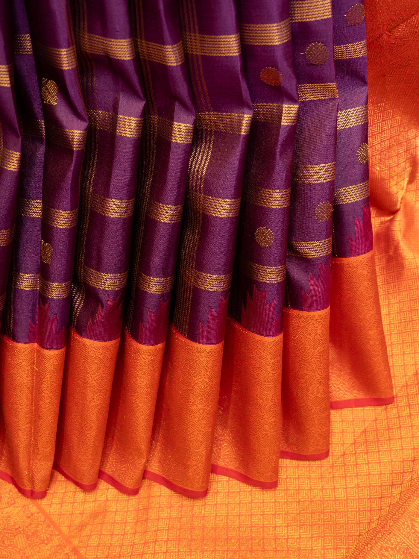 Purple and orange zari checks pure Kanchipuram silk saree