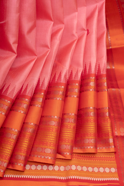 Bluish pink and orange without zari pure Kanchipuram silk saree