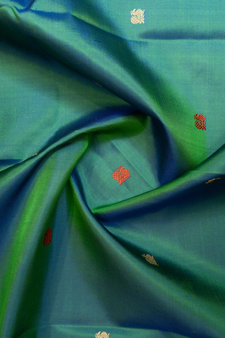 Closeup body view of Peacock blue and red without zari pure Kanchipuram silk saree