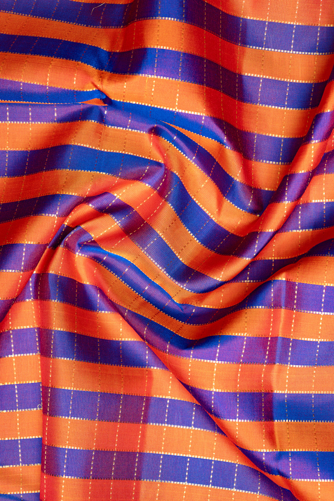 Blue and Orange Multi Checks Pure Kanjivaram Silk Saree - Clio Silks