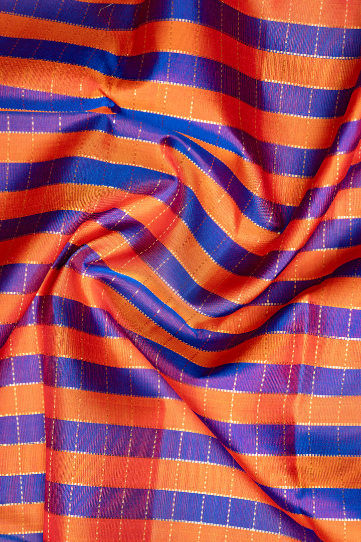 Blue and Orange Multi Checks Pure Kanjivaram Silk Saree - Clio Silks
