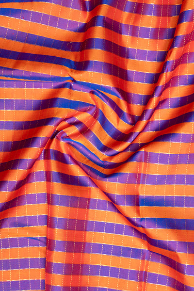 Blue and Orange Multi Checks Pure Kanjivaram Silk Saree - Clio Silks