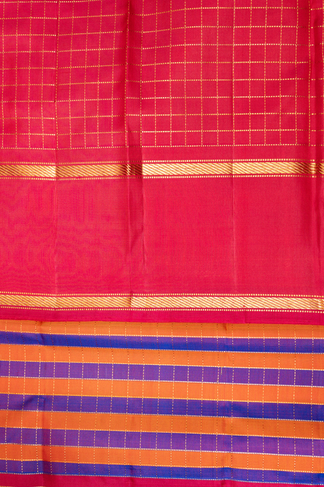 Blue and Orange Multi Checks Pure Kanjivaram Silk Saree - Clio Silks